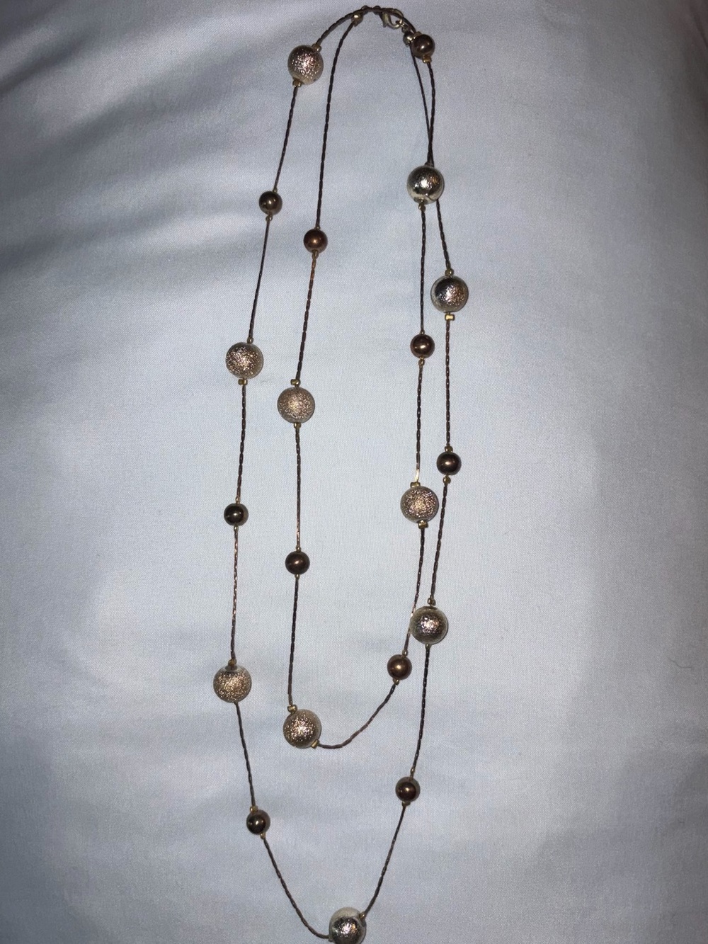 Long Station Necklace Brown Tan Gold Glitter Beads Floating Layering Boho